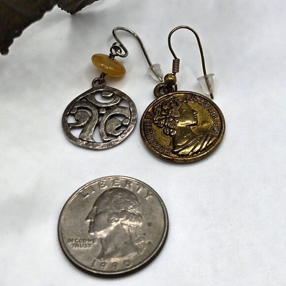 "5/$25" Small Leather Flower Bracelet & Mismatched Coin Disc Dangle Earrings - Picture 10 of 14